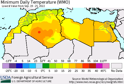 North Africa Minimum Daily Temperature (WMO) Thematic Map For 9/19/2022 - 9/25/2022