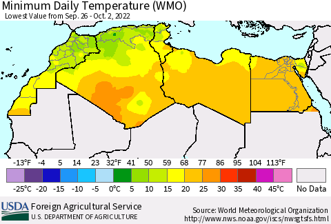 North Africa Minimum Daily Temperature (WMO) Thematic Map For 9/26/2022 - 10/2/2022