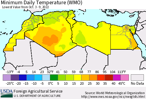 North Africa Minimum Daily Temperature (WMO) Thematic Map For 10/3/2022 - 10/9/2022