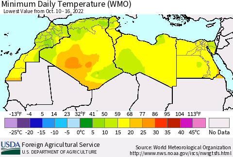 North Africa Minimum Daily Temperature (WMO) Thematic Map For 10/10/2022 - 10/16/2022