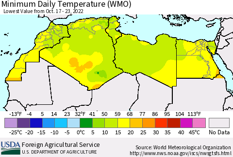 North Africa Minimum Daily Temperature (WMO) Thematic Map For 10/17/2022 - 10/23/2022
