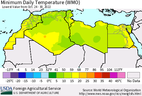 North Africa Minimum Daily Temperature (WMO) Thematic Map For 10/24/2022 - 10/30/2022