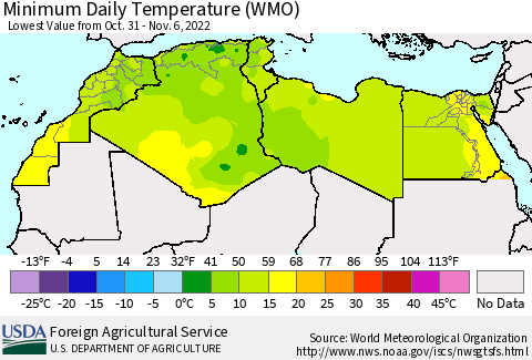 North Africa Minimum Daily Temperature (WMO) Thematic Map For 10/31/2022 - 11/6/2022