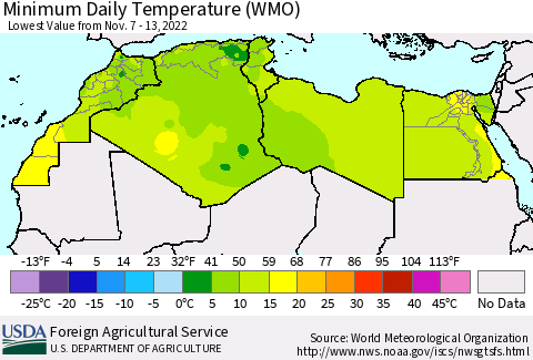North Africa Minimum Daily Temperature (WMO) Thematic Map For 11/7/2022 - 11/13/2022