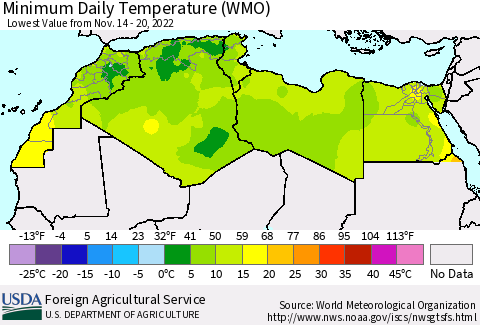 North Africa Minimum Daily Temperature (WMO) Thematic Map For 11/14/2022 - 11/20/2022
