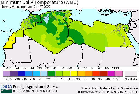 North Africa Minimum Daily Temperature (WMO) Thematic Map For 11/21/2022 - 11/27/2022