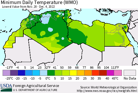 North Africa Minimum Daily Temperature (WMO) Thematic Map For 11/28/2022 - 12/4/2022