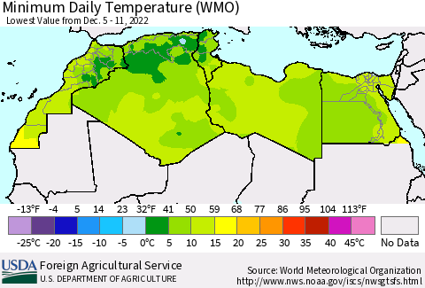 North Africa Minimum Daily Temperature (WMO) Thematic Map For 12/5/2022 - 12/11/2022