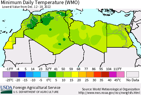 North Africa Minimum Daily Temperature (WMO) Thematic Map For 12/12/2022 - 12/18/2022