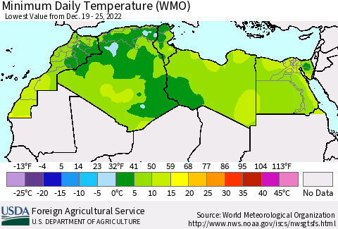 North Africa Minimum Daily Temperature (WMO) Thematic Map For 12/19/2022 - 12/25/2022