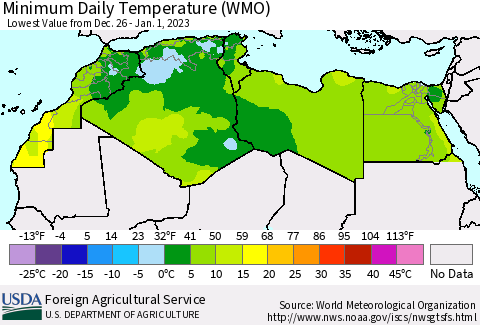 North Africa Minimum Daily Temperature (WMO) Thematic Map For 12/26/2022 - 1/1/2023