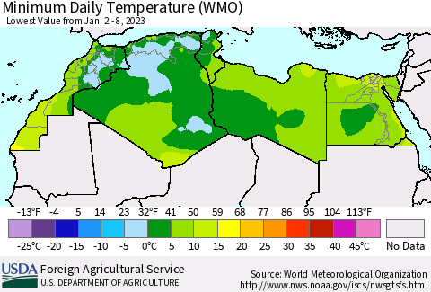 North Africa Minimum Daily Temperature (WMO) Thematic Map For 1/2/2023 - 1/8/2023