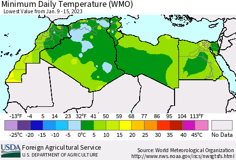 North Africa Minimum Daily Temperature (WMO) Thematic Map For 1/9/2023 - 1/15/2023