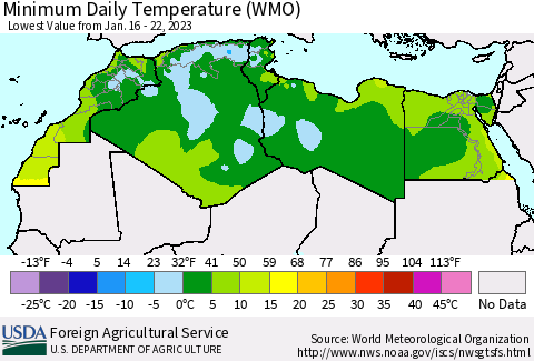 North Africa Minimum Daily Temperature (WMO) Thematic Map For 1/16/2023 - 1/22/2023