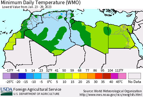North Africa Minimum Daily Temperature (WMO) Thematic Map For 1/23/2023 - 1/29/2023