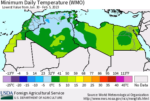 North Africa Minimum Daily Temperature (WMO) Thematic Map For 1/30/2023 - 2/5/2023