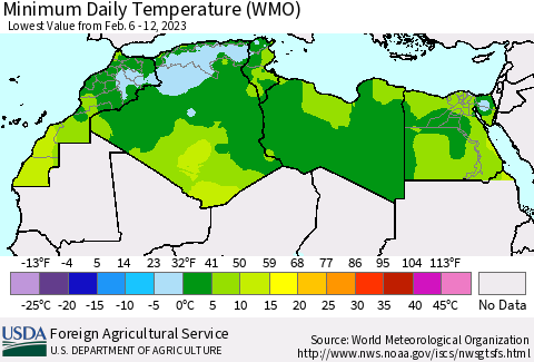 North Africa Minimum Daily Temperature (WMO) Thematic Map For 2/6/2023 - 2/12/2023