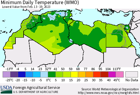 North Africa Minimum Daily Temperature (WMO) Thematic Map For 2/13/2023 - 2/19/2023