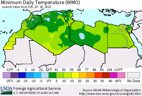 North Africa Minimum Daily Temperature (WMO) Thematic Map For 2/20/2023 - 2/26/2023