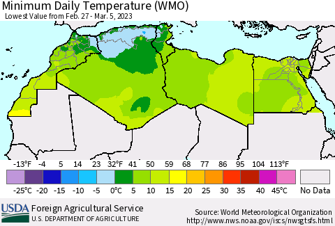 North Africa Minimum Daily Temperature (WMO) Thematic Map For 2/27/2023 - 3/5/2023