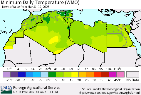 North Africa Minimum Daily Temperature (WMO) Thematic Map For 3/6/2023 - 3/12/2023