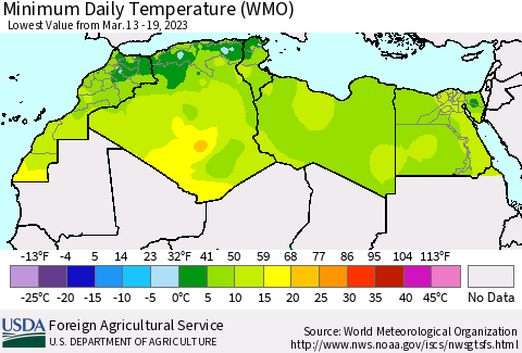 North Africa Minimum Daily Temperature (WMO) Thematic Map For 3/13/2023 - 3/19/2023