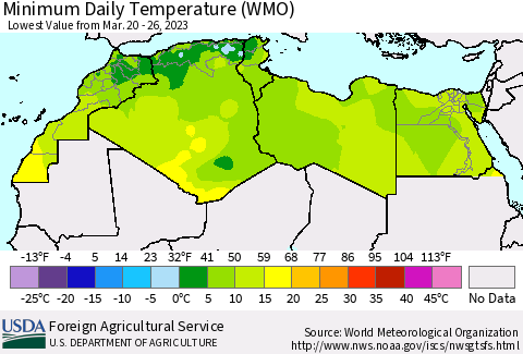 North Africa Minimum Daily Temperature (WMO) Thematic Map For 3/20/2023 - 3/26/2023