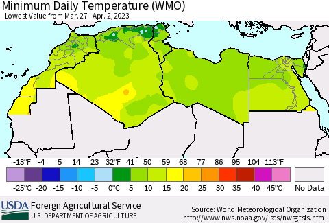 North Africa Minimum Daily Temperature (WMO) Thematic Map For 3/27/2023 - 4/2/2023