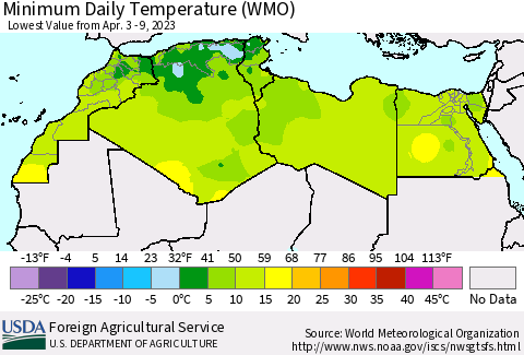 North Africa Minimum Daily Temperature (WMO) Thematic Map For 4/3/2023 - 4/9/2023