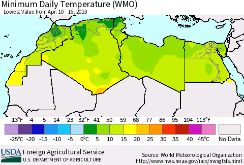 North Africa Minimum Daily Temperature (WMO) Thematic Map For 4/10/2023 - 4/16/2023