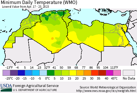 North Africa Minimum Daily Temperature (WMO) Thematic Map For 4/17/2023 - 4/23/2023