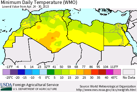 North Africa Minimum Daily Temperature (WMO) Thematic Map For 4/24/2023 - 4/30/2023