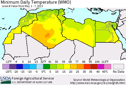 North Africa Minimum Daily Temperature (WMO) Thematic Map For 5/1/2023 - 5/7/2023