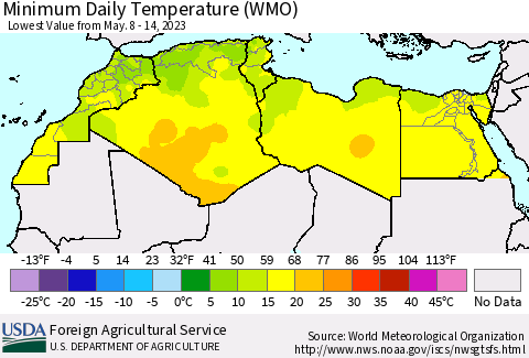 North Africa Minimum Daily Temperature (WMO) Thematic Map For 5/8/2023 - 5/14/2023