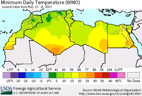 North Africa Minimum Daily Temperature (WMO) Thematic Map For 5/15/2023 - 5/21/2023