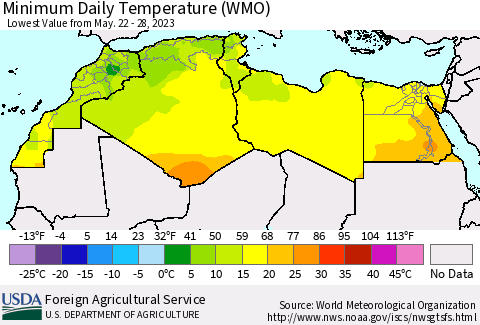 North Africa Minimum Daily Temperature (WMO) Thematic Map For 5/22/2023 - 5/28/2023