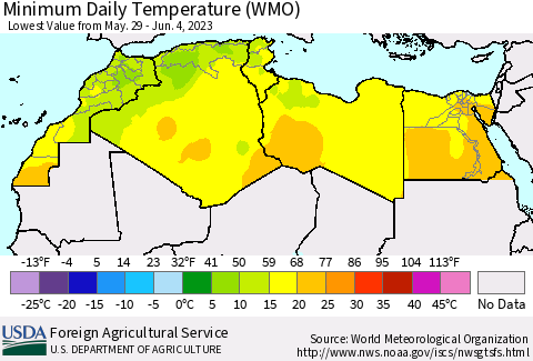 North Africa Minimum Daily Temperature (WMO) Thematic Map For 5/29/2023 - 6/4/2023