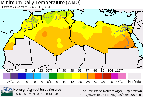 North Africa Minimum Daily Temperature (WMO) Thematic Map For 6/5/2023 - 6/11/2023