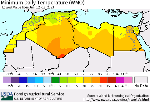 North Africa Minimum Daily Temperature (WMO) Thematic Map For 6/12/2023 - 6/18/2023