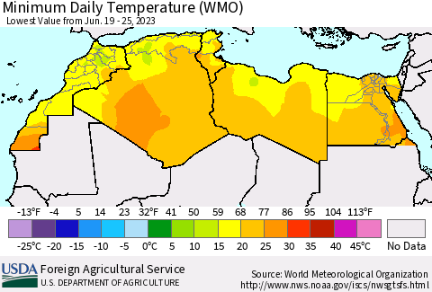 North Africa Minimum Daily Temperature (WMO) Thematic Map For 6/19/2023 - 6/25/2023