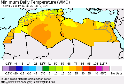 North Africa Minimum Daily Temperature (WMO) Thematic Map For 6/26/2023 - 7/2/2023