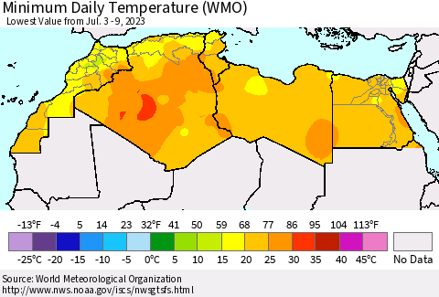 North Africa Minimum Daily Temperature (WMO) Thematic Map For 7/3/2023 - 7/9/2023