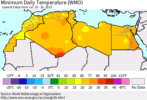 North Africa Minimum Daily Temperature (WMO) Thematic Map For 7/10/2023 - 7/16/2023