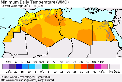 North Africa Minimum Daily Temperature (WMO) Thematic Map For 7/17/2023 - 7/23/2023