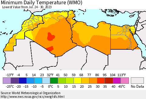 North Africa Minimum Daily Temperature (WMO) Thematic Map For 7/24/2023 - 7/30/2023