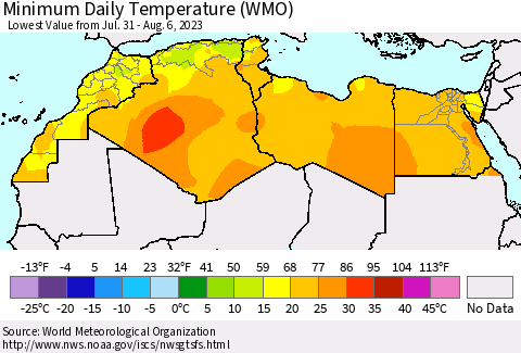 North Africa Minimum Daily Temperature (WMO) Thematic Map For 7/31/2023 - 8/6/2023