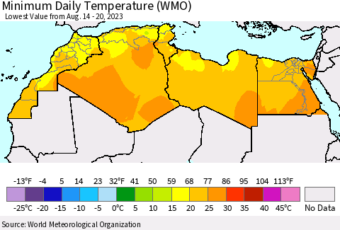 North Africa Minimum Daily Temperature (WMO) Thematic Map For 8/14/2023 - 8/20/2023