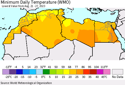North Africa Minimum Daily Temperature (WMO) Thematic Map For 8/21/2023 - 8/27/2023