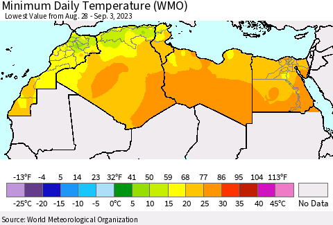 North Africa Minimum Daily Temperature (WMO) Thematic Map For 8/28/2023 - 9/3/2023