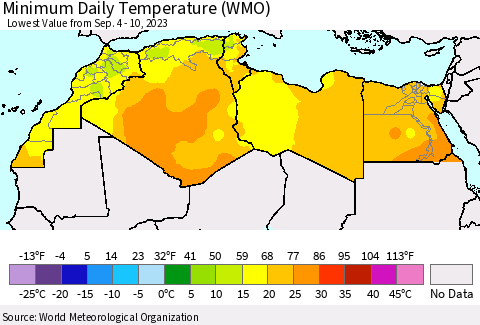 North Africa Minimum Daily Temperature (WMO) Thematic Map For 9/4/2023 - 9/10/2023